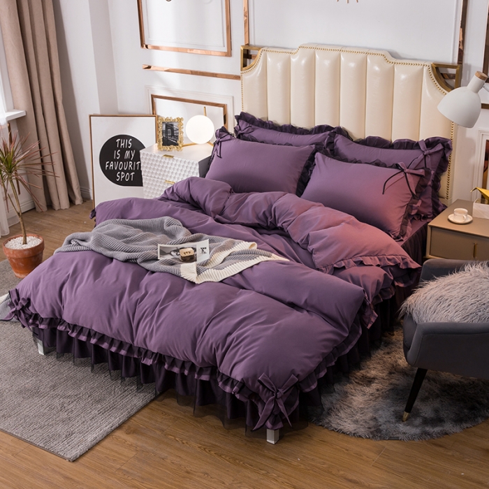 91家纺网 家纺一手货源 找家纺 金米诺 2020加厚韩版花边水洗棉磨毛四件套 丁香紫