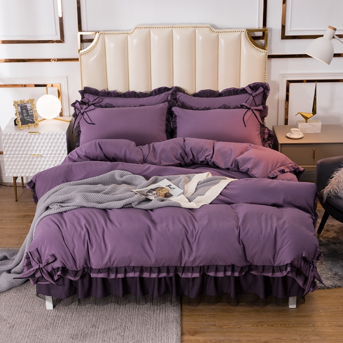 91家纺网 家纺一手货源 找家纺 金米诺 2020加厚韩版花边水洗棉磨毛四件套 丁香紫