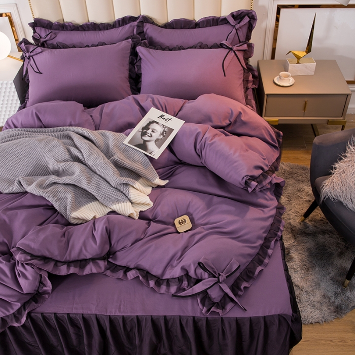 91家纺网 家纺一手货源 找家纺 金米诺 2020加厚韩版花边水洗棉磨毛四件套 丁香紫