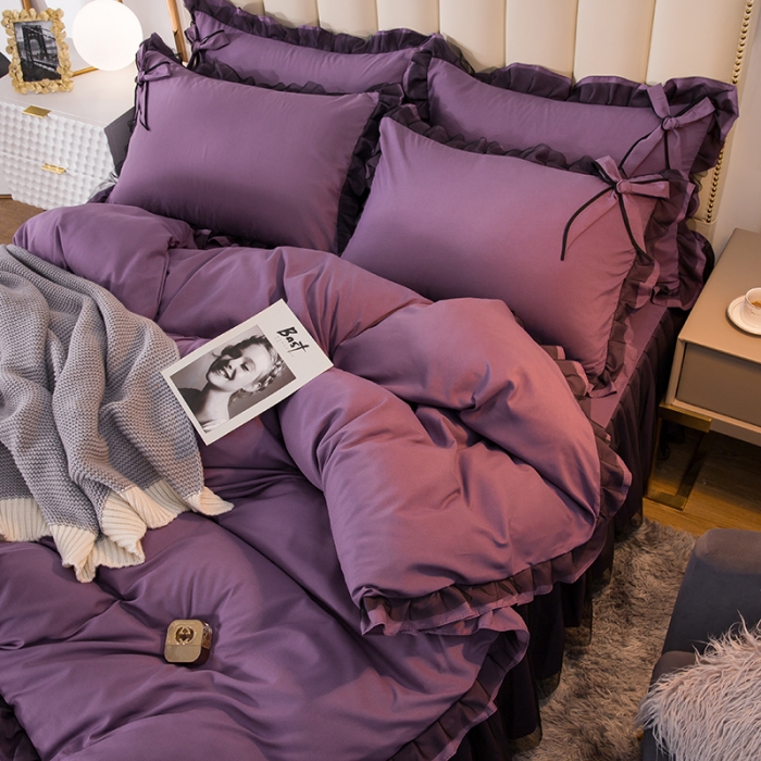 91家纺网 家纺一手货源 找家纺 金米诺 2020加厚韩版花边水洗棉磨毛四件套 丁香紫