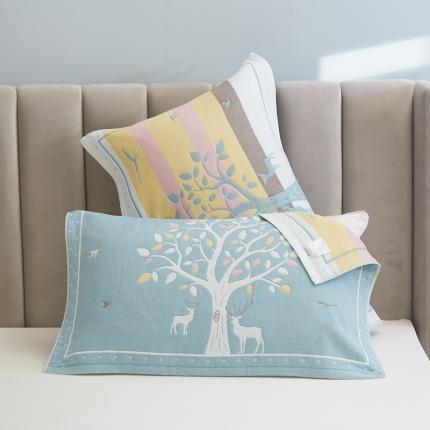 91家纺网 家纺一手货源 找家纺 爱港全棉纱布柔软吸汗四季枕头巾欧式情侣单人枕巾一对森林鹿-绿