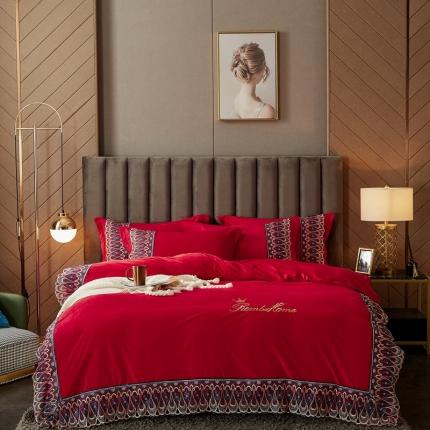 91家纺网 家纺一手货源 找家纺 （总）金米诺2020爆款公主风工艺款纯色加厚水晶绒绣花四件套