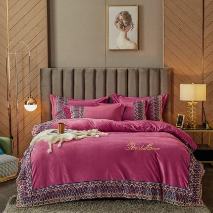 91家纺网 家纺一手货源 找家纺 （总）金米诺2020爆款公主风工艺款纯色加厚水晶绒绣花四件套