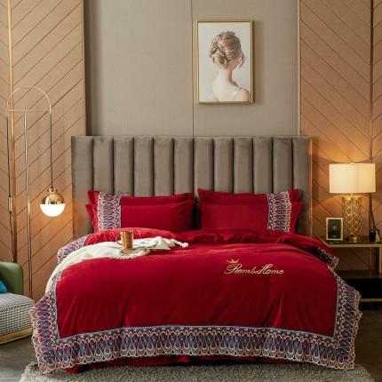 91家纺网 家纺一手货源 找家纺 （总）金米诺2020爆款公主风工艺款纯色加厚水晶绒绣花四件套