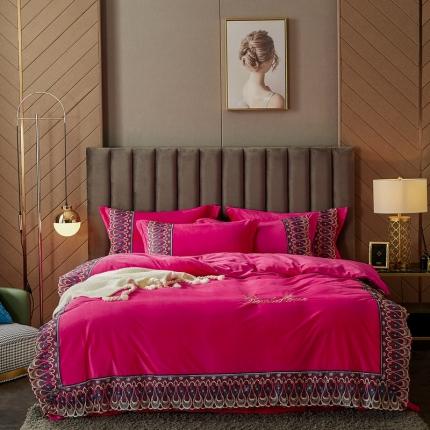 91家纺网 家纺一手货源 找家纺 （总）金米诺2020爆款公主风工艺款纯色加厚水晶绒绣花四件套