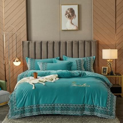 91家纺网 家纺一手货源 找家纺 （总）金米诺2020爆款公主风工艺款纯色加厚水晶绒绣花四件套