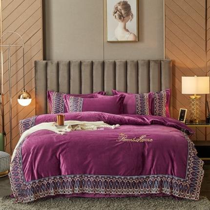 91家纺网 家纺一手货源 找家纺 （总）金米诺2020爆款公主风工艺款纯色加厚水晶绒绣花四件套