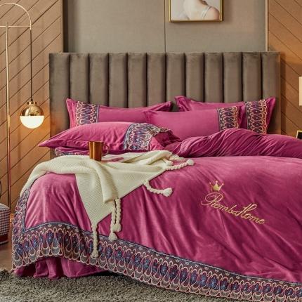 91家纺网 家纺一手货源 找家纺 金米诺爆款公主风工艺款纯色加厚水晶绒绣花四件套赫拉之恋-豆沙