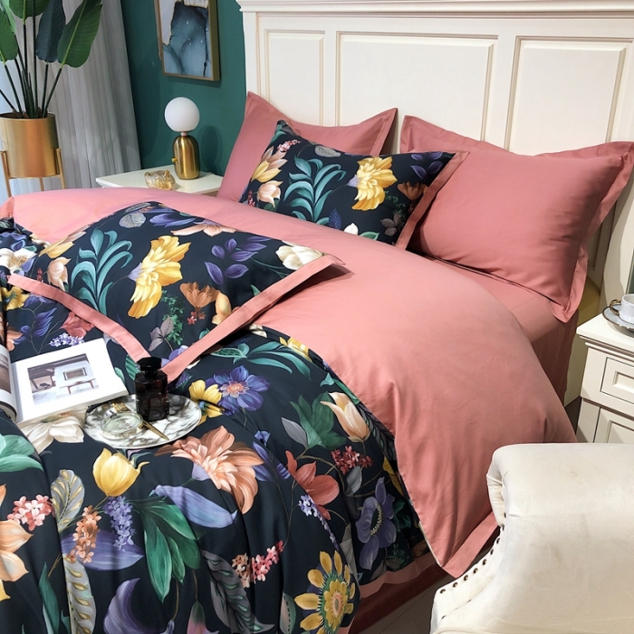 91家纺网 家纺一手货源 找家纺 太古汇 2020新款60支数码印花小边款四件套奥戴尔-藏青