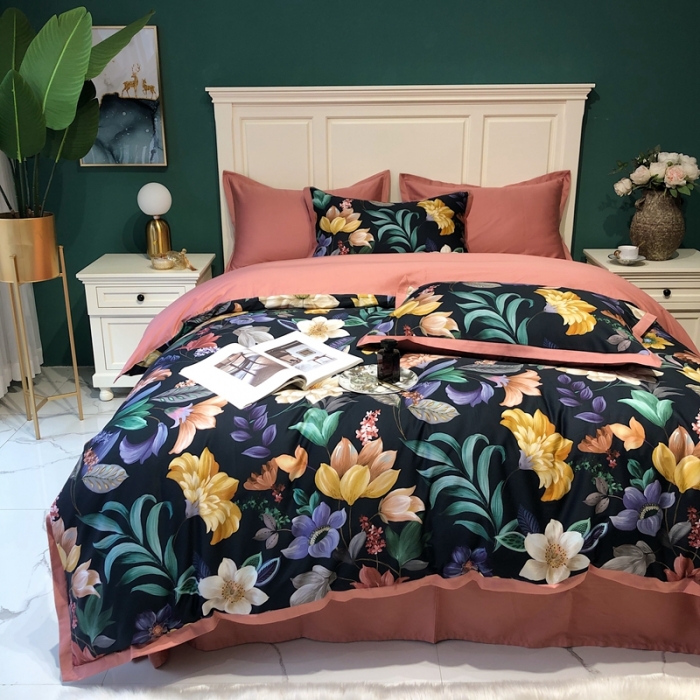 91家纺网 家纺一手货源 找家纺 太古汇 2020新款60支数码印花小边款四件套奥戴尔-藏青