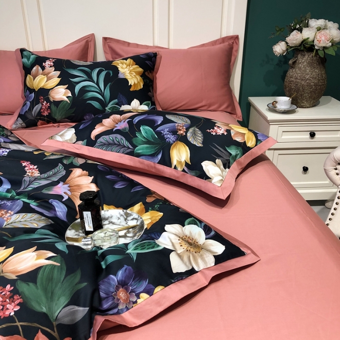 91家纺网 家纺一手货源 找家纺 太古汇 2020新款60支数码印花小边款四件套奥戴尔-藏青