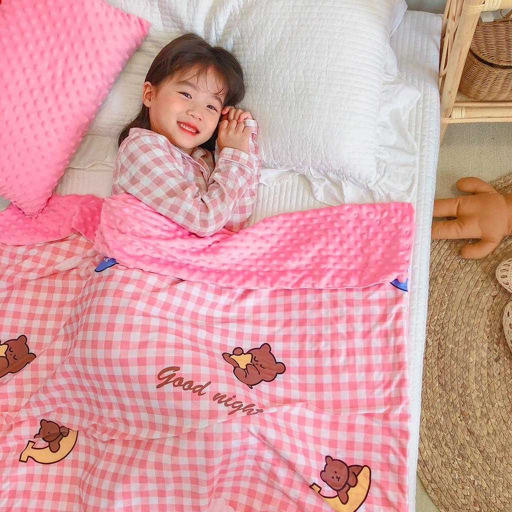 91家纺网 家纺一手货源 找家纺 星期八 2020新款A类针织棉豆豆毯 粉格小熊