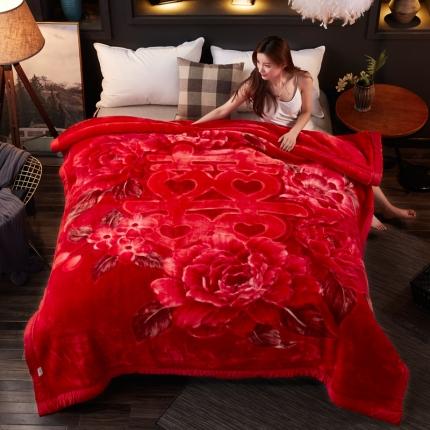 91家纺网 家纺一手货源 找家纺 丹兰拉舍尔毛毯大红婚庆天丝毯加厚结婚云毯法兰绒 双喜大红