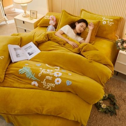 91家纺网 家纺一手货源 找家纺 恋佳 2020新款牛奶绒毛巾绣四件套 花飘带舞姜黄