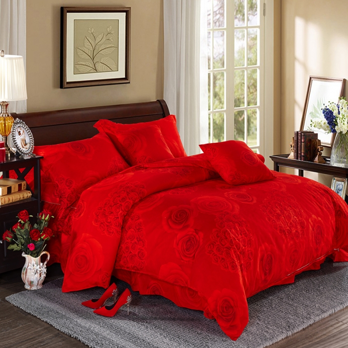 91家纺网 家纺一手货源 找家纺 梦柏 2020新款加厚磨毛四件套小版 浓情玫瑰-红