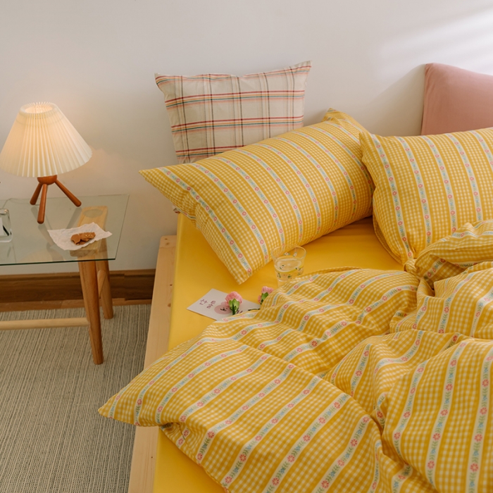 91家纺网 家纺一手货源 找家纺 （总）窝米2020新款全棉韩式公主风花边普通款四件套格子系列