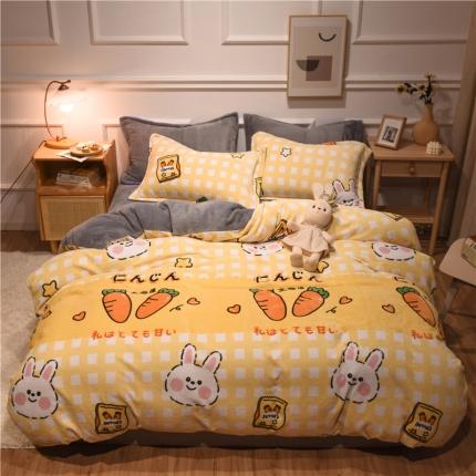 91家纺网 家纺一手货源 找家纺 懒猫 2020新款简约加厚牛奶绒四件套 J萝卜兔