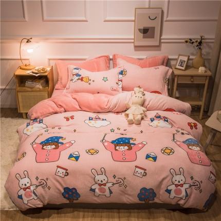 91家纺网 家纺一手货源 找家纺 懒猫 2020新款简约加厚牛奶绒四件套 J魔法少女