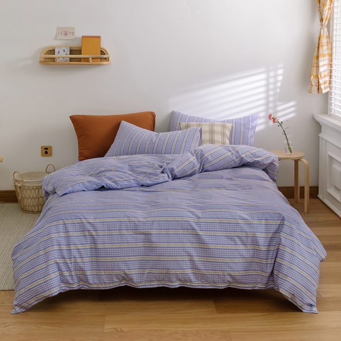 91家纺网 家纺一手货源 找家纺 窝米2020新款全棉韩式公主风花边普通款四件套格子系列洛璃紫