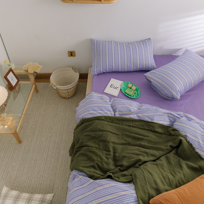 91家纺网 家纺一手货源 找家纺 窝米2020新款全棉韩式公主风花边普通款四件套格子系列洛璃紫