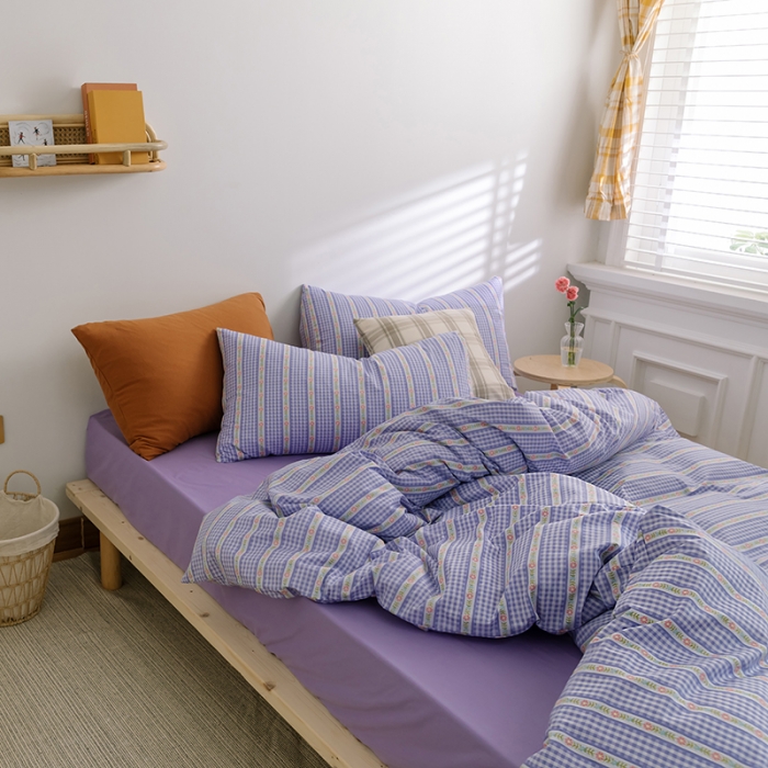 91家纺网 家纺一手货源 找家纺 窝米2020新款全棉韩式公主风花边普通款四件套格子系列洛璃紫