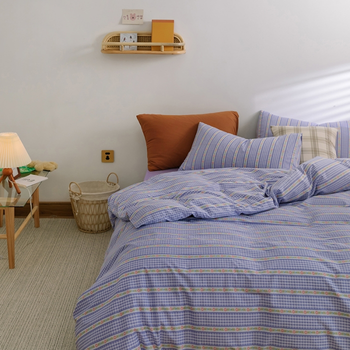 91家纺网 家纺一手货源 找家纺 窝米2020新款全棉韩式公主风花边普通款四件套格子系列洛璃紫