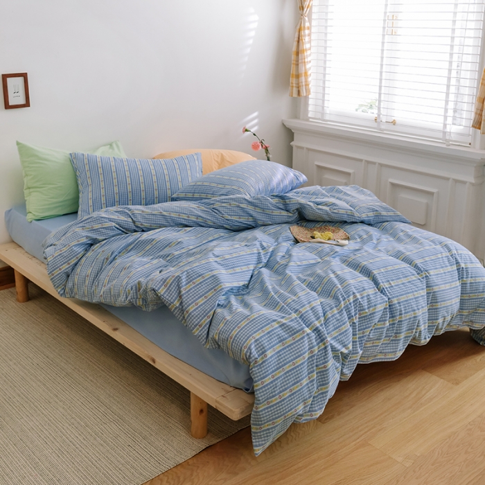 91家纺网 家纺一手货源 找家纺 窝米2020新款全棉韩式公主风花边普通款四件套格子系列洛璃蓝