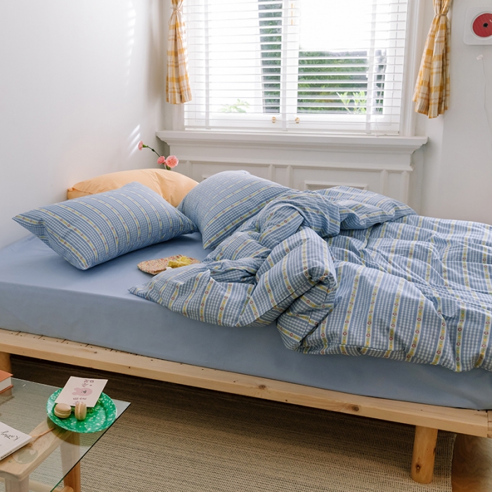 91家纺网 家纺一手货源 找家纺 窝米2020新款全棉韩式公主风花边普通款四件套格子系列洛璃蓝