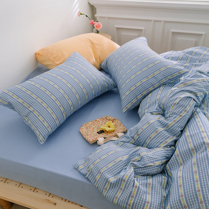 91家纺网 家纺一手货源 找家纺 窝米2020新款全棉韩式公主风花边普通款四件套格子系列洛璃蓝