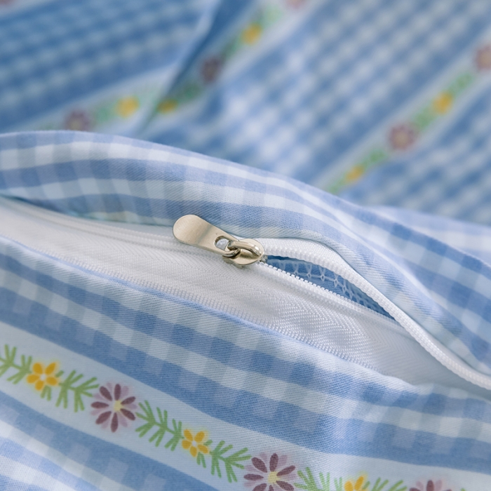 91家纺网 家纺一手货源 找家纺 窝米2020新款全棉韩式公主风花边普通款四件套格子系列洛璃蓝