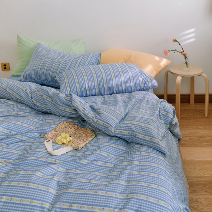 91家纺网 家纺一手货源 找家纺 窝米2020新款全棉韩式公主风花边普通款四件套格子系列洛璃蓝