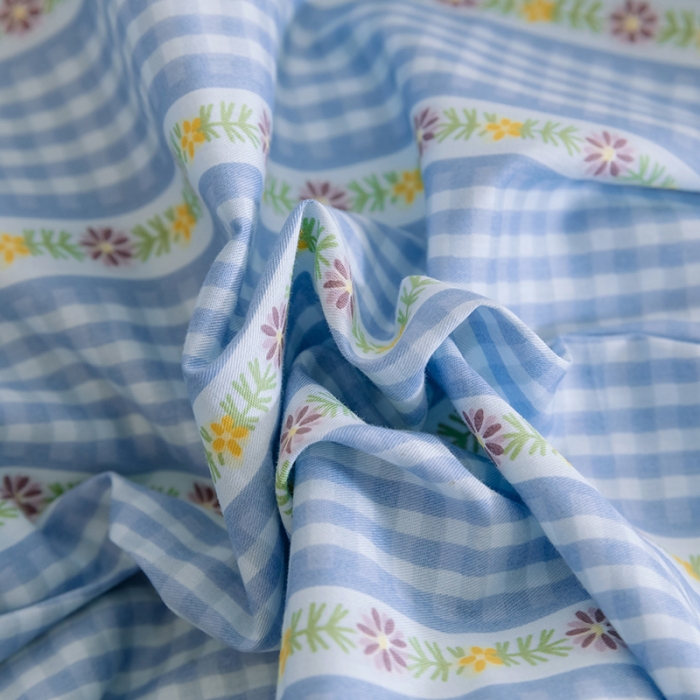 91家纺网 家纺一手货源 找家纺 窝米2020新款全棉韩式公主风花边普通款四件套格子系列洛璃蓝