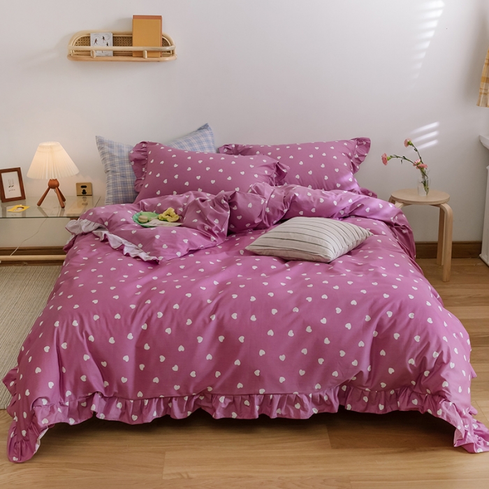 91家纺网 家纺一手货源 找家纺 窝米 2020新款全棉韩式公主风花边工艺款格子系列 爱心紫