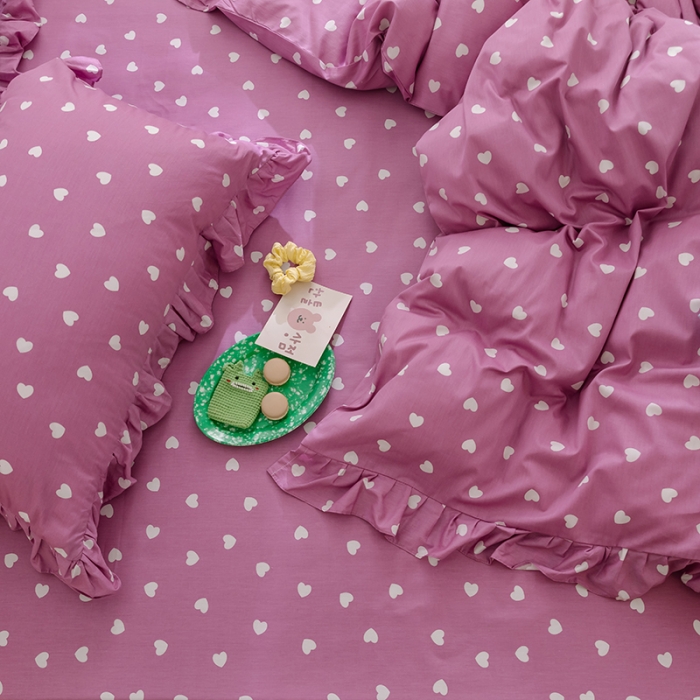 91家纺网 家纺一手货源 找家纺 窝米 2020新款全棉韩式公主风花边工艺款格子系列 爱心紫