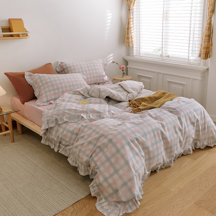 91家纺网 家纺一手货源 找家纺 窝米 2020新款全棉韩式公主风花边工艺款格子系列 粉格