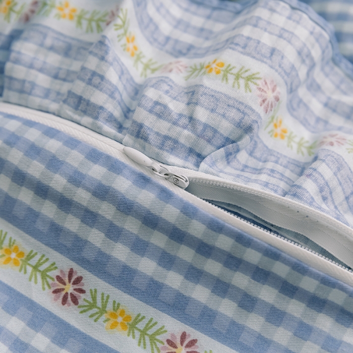 91家纺网 家纺一手货源 找家纺 窝米 2020新款全棉韩式公主风花边工艺款格子系列 洛璃蓝