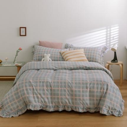 91家纺网 家纺一手货源 找家纺 窝米 2020新款全棉韩式公主风花边工艺款格子系列 灰格