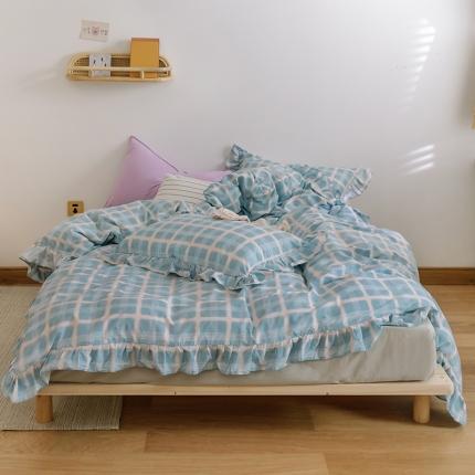 91家纺网 家纺一手货源 找家纺 窝米 2020新款全棉韩式公主风花边工艺款格子系列 蓝粉格