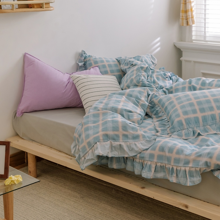 91家纺网 家纺一手货源 找家纺 窝米 2020新款全棉韩式公主风花边工艺款格子系列 蓝粉格