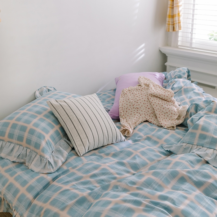 91家纺网 家纺一手货源 找家纺 窝米 2020新款全棉韩式公主风花边工艺款格子系列 蓝粉格