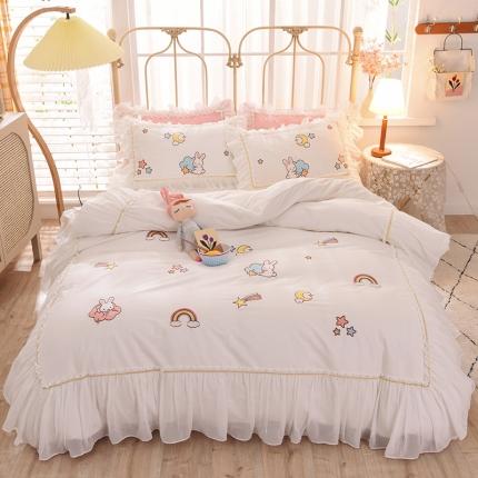 91家纺网 家纺一手货源 找家纺 迪欧芙 2020新款全棉蕾丝公主风彩虹兔系列四件套彩虹兔-白