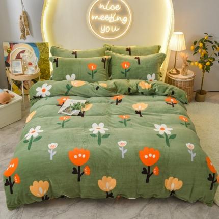 91家纺网 家纺一手货源 找家纺 仟网汇2020牛奶绒水晶绒魔法绒法莱绒金貂绒四件套百花齐放绿