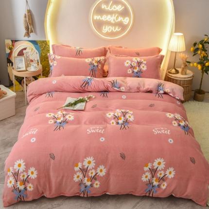 91家纺网 家纺一手货源 找家纺 仟网汇2020牛奶绒水晶绒魔法绒法莱绒金貂绒四件套雏菊之恋粉