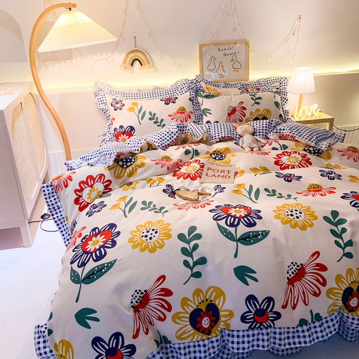 91家纺网 家纺一手货源 找家纺 梦之岛 2020新款加厚磨毛四件套 太阳花-蓝