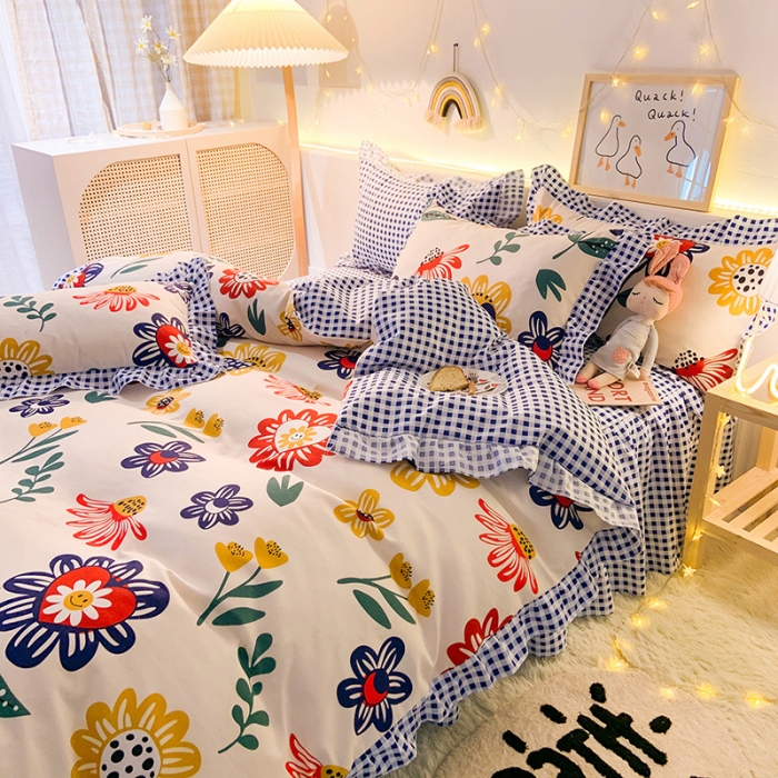 91家纺网 家纺一手货源 找家纺 梦之岛 2020新款加厚磨毛四件套 太阳花-蓝