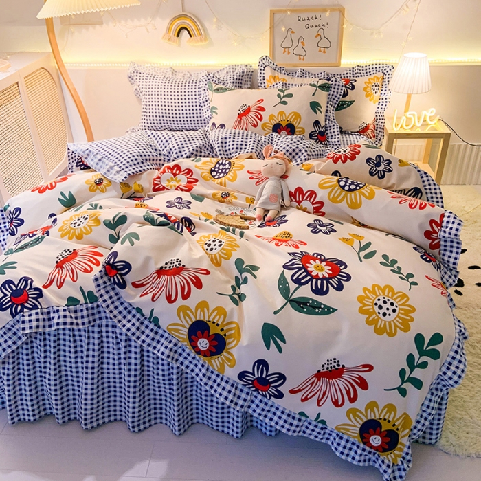 91家纺网 家纺一手货源 找家纺 梦之岛 2020新款加厚磨毛四件套 太阳花-蓝