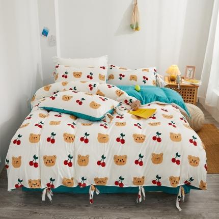 91家纺网 家纺一手货源 找家纺 眠屿 2020新款针织棉四件套 可爱熊-白