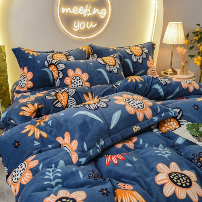 91家纺网 家纺一手货源 找家纺 仟网汇2020牛奶绒水晶绒魔法绒法莱绒金貂绒四件套艳丽夺目蓝