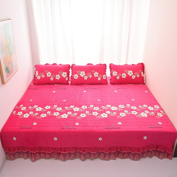91家纺网 家纺一手货源 找家纺 雨洋家纺 2025新款炕垫水晶绒床盖大炕盖 浪花朵朵-玫红
