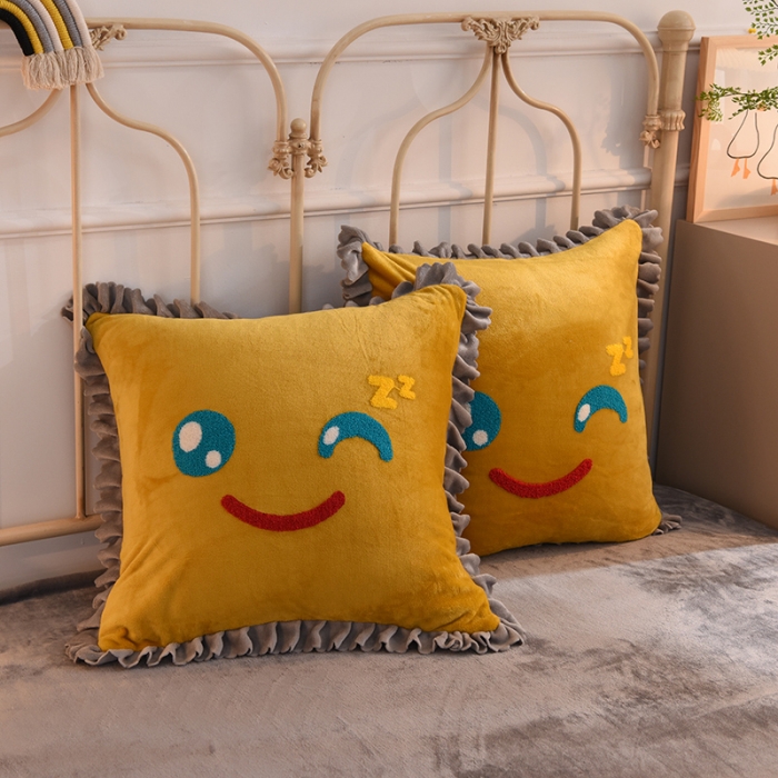 91家纺网 家纺一手货源 找家纺 兴美佳家纺 新款牛奶绒花边毛巾绣四件套-你的微笑 姜黄